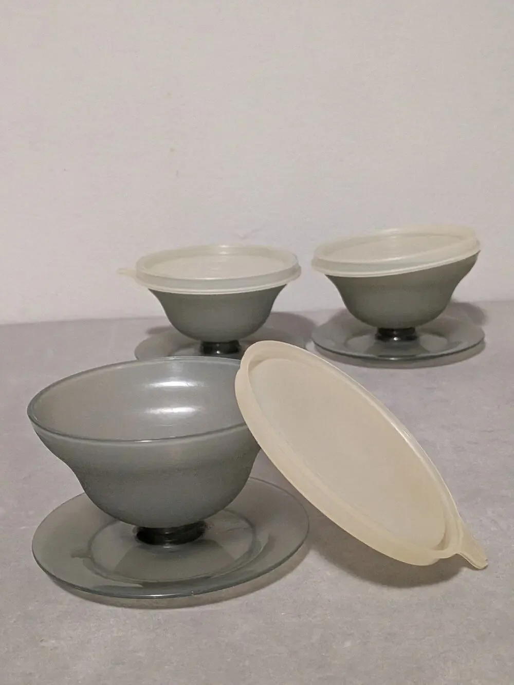 Vintage Tupperware 754 Smoky Gray Dessert Pudding Cups & Lids Set of 3 Retro
